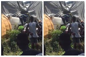 Video: Driver miraculously unhurt after heavy load cargo falls on his truck in Abura Dunkwa