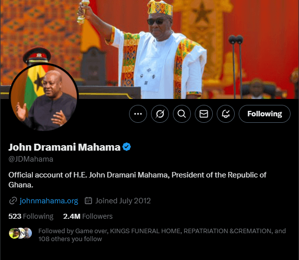 Mahama recovers hacked X account